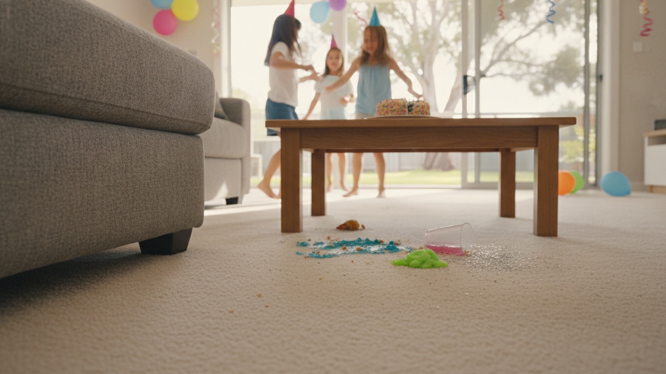 Cake crumbs, a blob of green slime, spilt pink cordial and glitter on cream carpet beside a coffee table while children in party hats play in an Australian living room